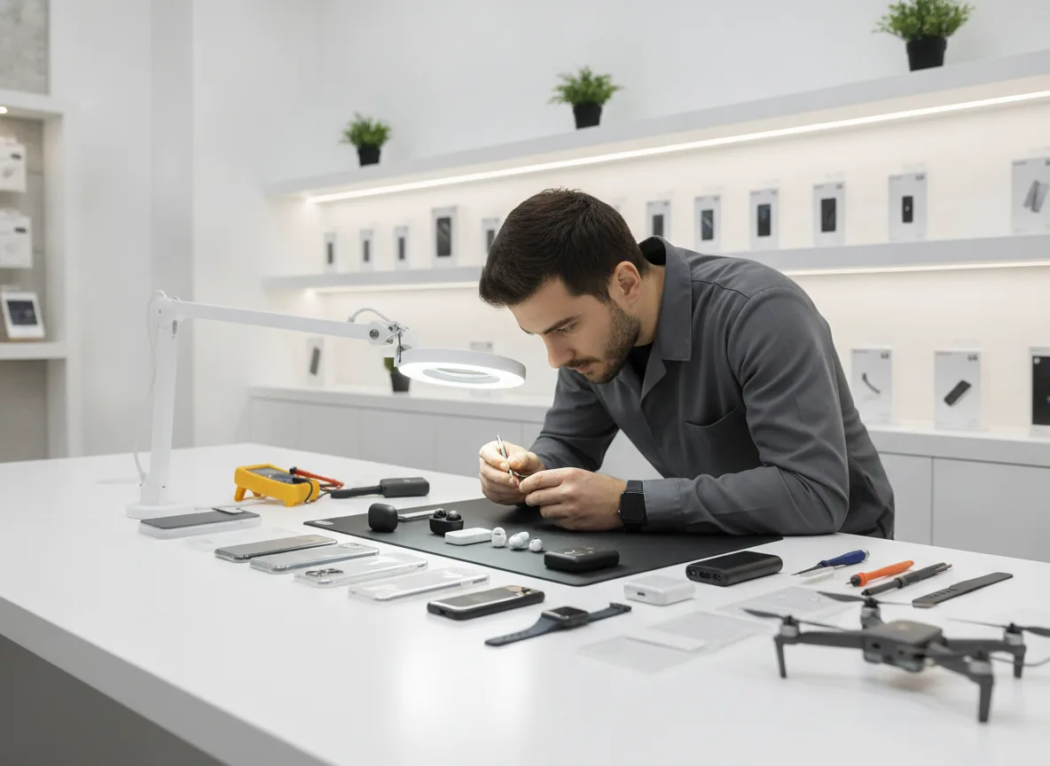 real photo of a technician carefully inspecting mobile